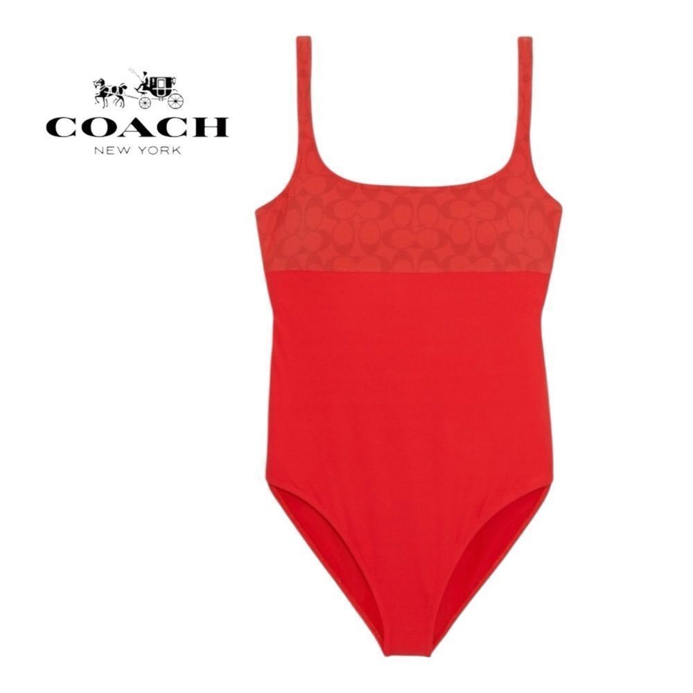 New Coach Signature Logo Red One-Piece Swimsuit w/Storage Bag XS